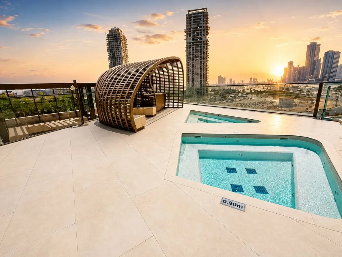 Outdoor jacuzzi and cabana on the Regalia deck at sunset