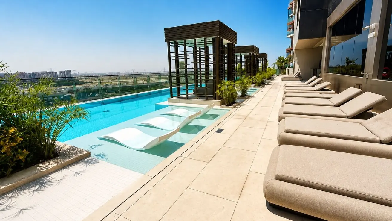 The infinity pool and cabanas on Regalia's leisure deck