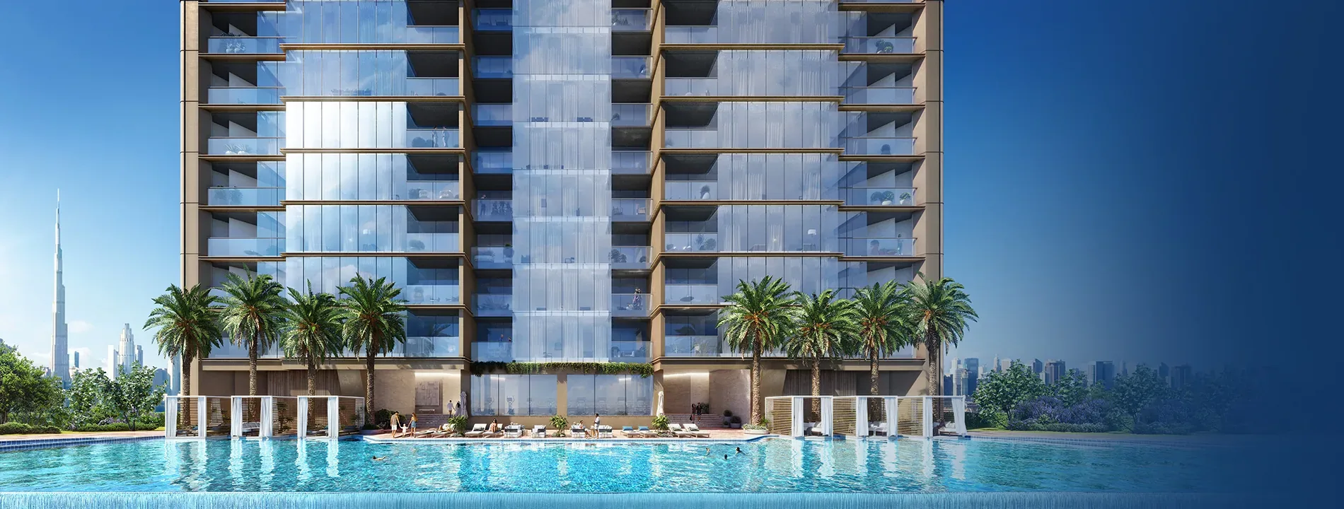 Regalia by Deyaar, facade and pool deck, developer render